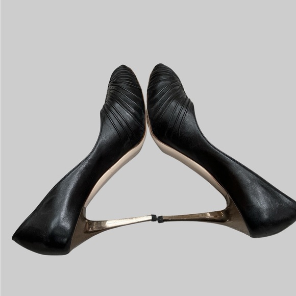 Salvatore Ferragamo black leather peep toe bronze heel stilettos - Picture 9 of 11